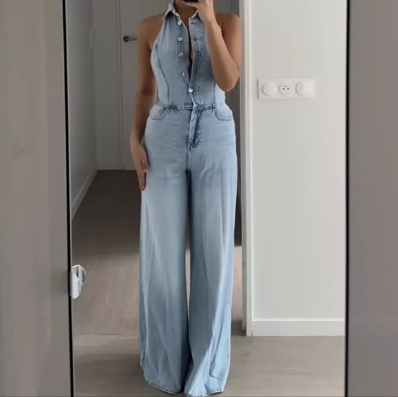 Zara Pants - Zara Z1975 HALTER NECK DENIM JUMPSUIT light blue BNWT